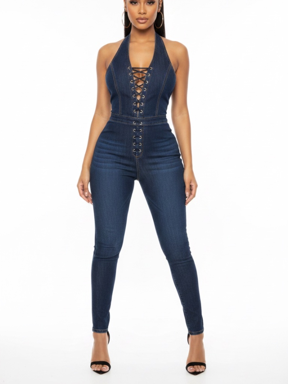 NEW Hotkiss lace up halter Stretch denim jumpsuit 6